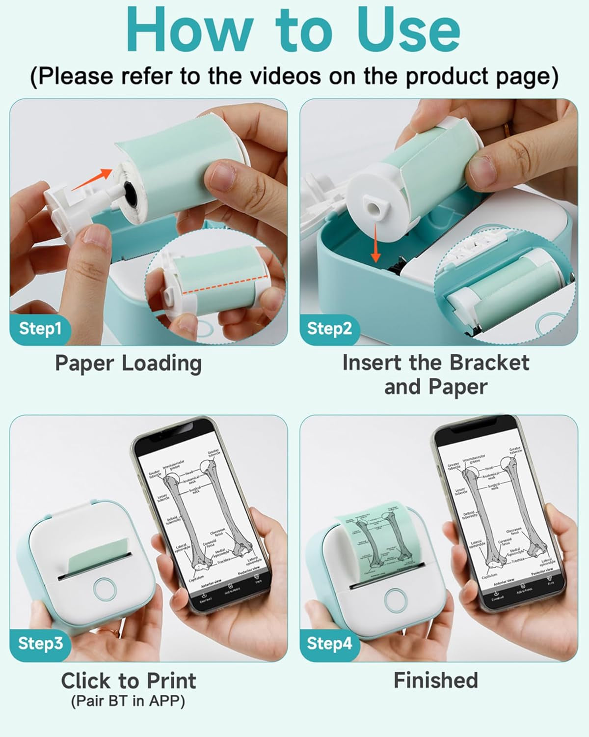 Print Pods Mini Printer - Sticker Printer T02 Portable Thermal Printer Inkless Sticker Maker Machine Bluetooth Pocket Printer Phone Printer for Study Graphics, Anatomical Diagrams, Photos