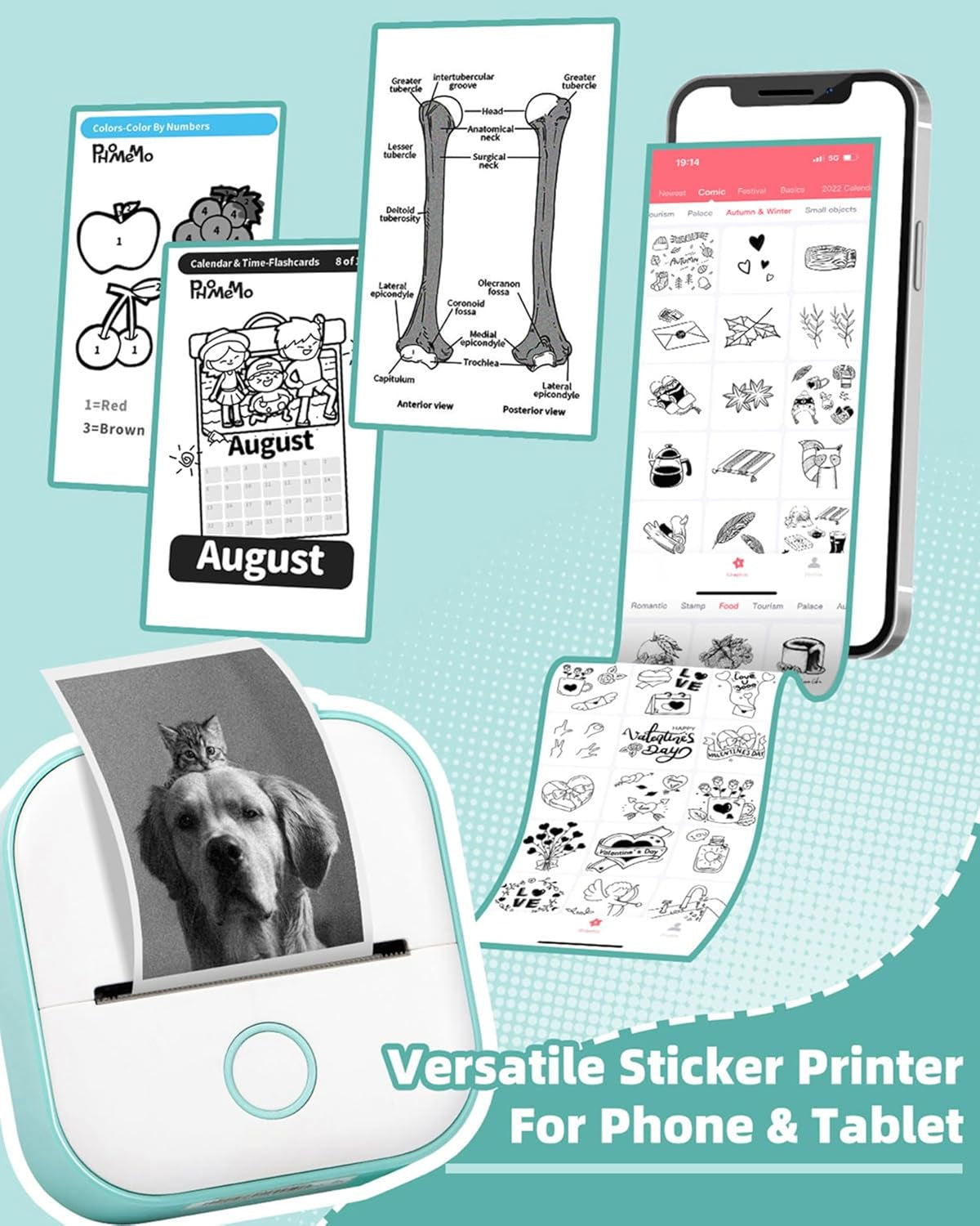 Print Pods Mini Printer - Sticker Printer T02 Portable Thermal Printer Inkless Sticker Maker Machine Bluetooth Pocket Printer Phone Printer for Study Graphics, Anatomical Diagrams, Photos