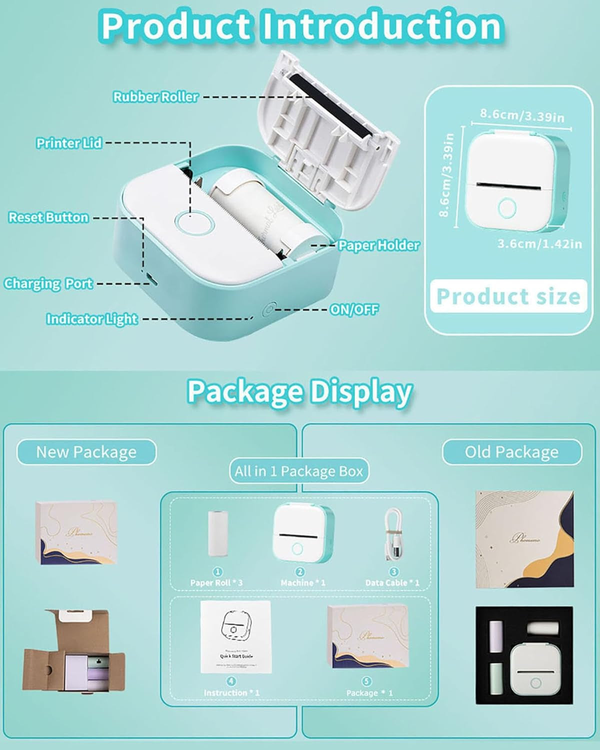 Print Pods Mini Printer - Sticker Printer T02 Portable Thermal Printer Inkless Sticker Maker Machine Bluetooth Pocket Printer Phone Printer for Study Graphics, Anatomical Diagrams, Photos