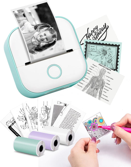 Print Pods Mini Printer - Sticker Printer T02 Portable Thermal Printer Inkless Sticker Maker Machine Bluetooth Pocket Printer Phone Printer for Study Graphics, Anatomical Diagrams, Photos
