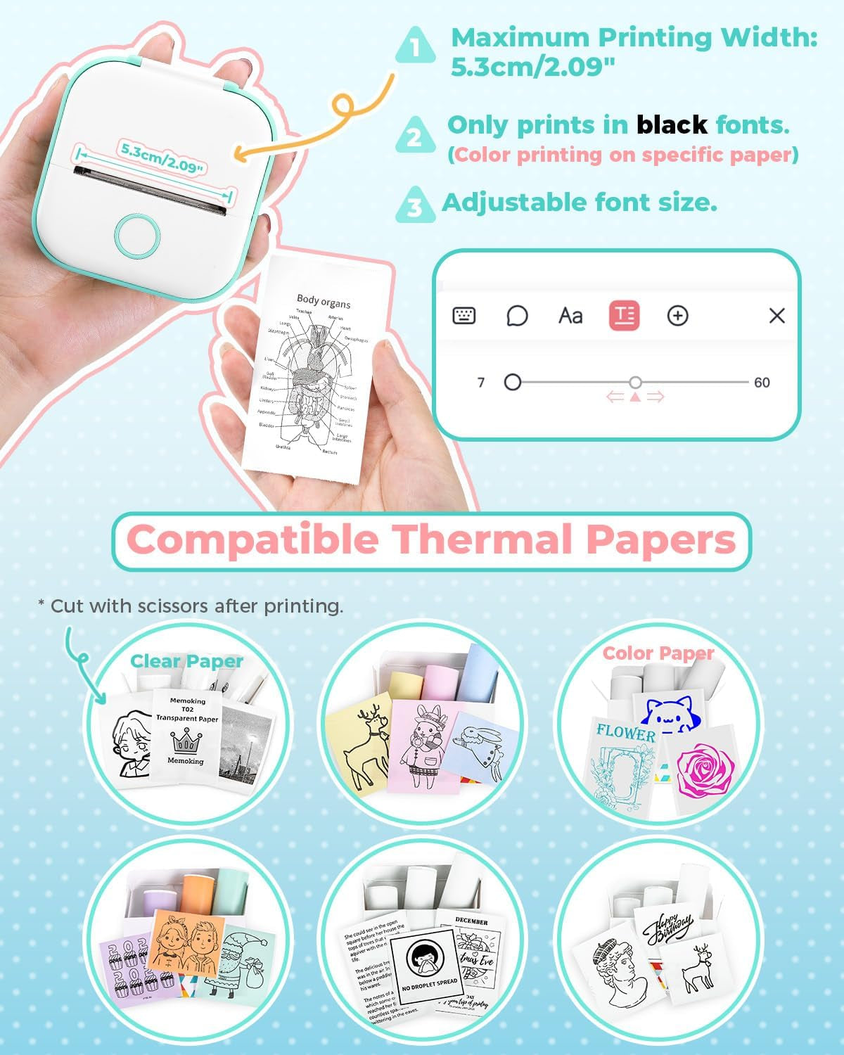 Print Pods Mini Printer - Sticker Printer T02 Portable Thermal Printer Inkless Sticker Maker Machine Bluetooth Pocket Printer Phone Printer for Study Graphics, Anatomical Diagrams, Photos